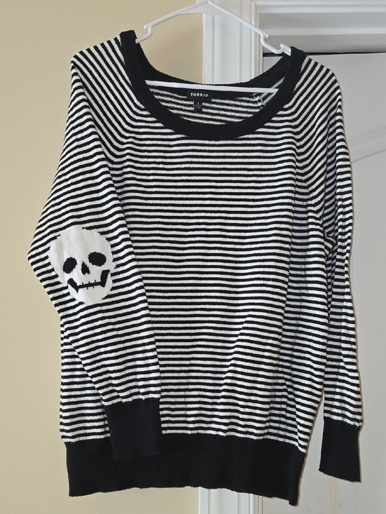 torrid Sweaters - torrid Black & White Striped Sweater with Skull Elbow Patches